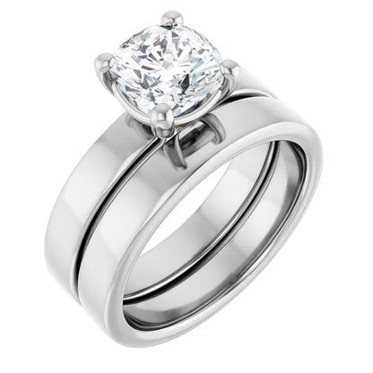 Cushion White Gold Wide Band Solitaire Engagement Ring