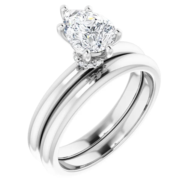 Pear Cut White Gold Low Hidden Halo Solitaire Engagement Ring