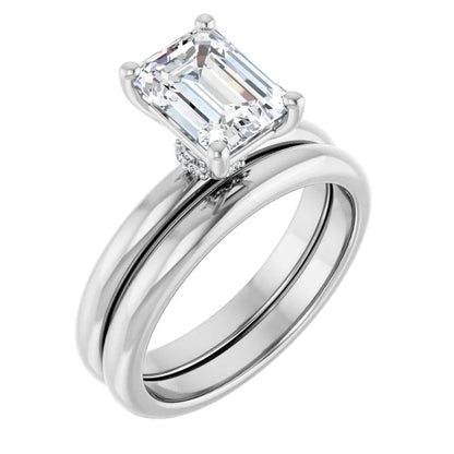 Emerald Cut White Gold Low Hidden Halo Solitaire Engagement Ring