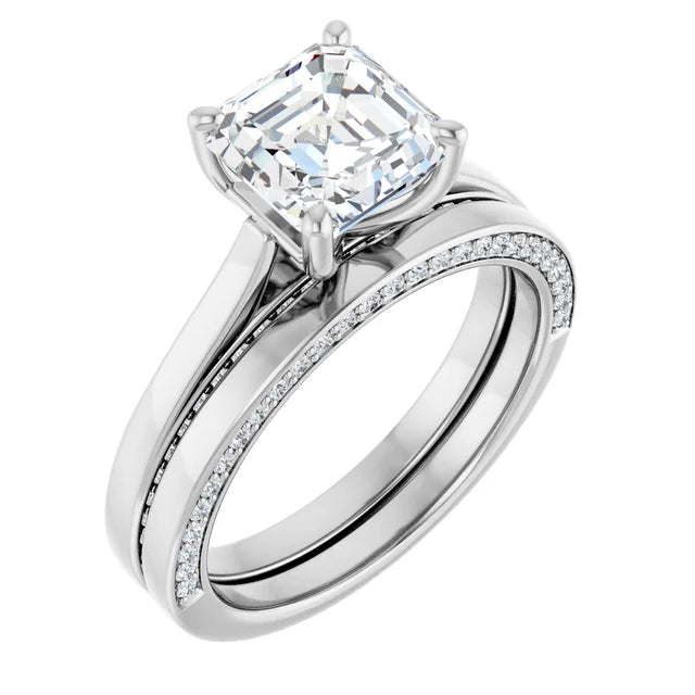 Asscher White Gold Solitaire & Hidden Diamond Band Engagement Ring