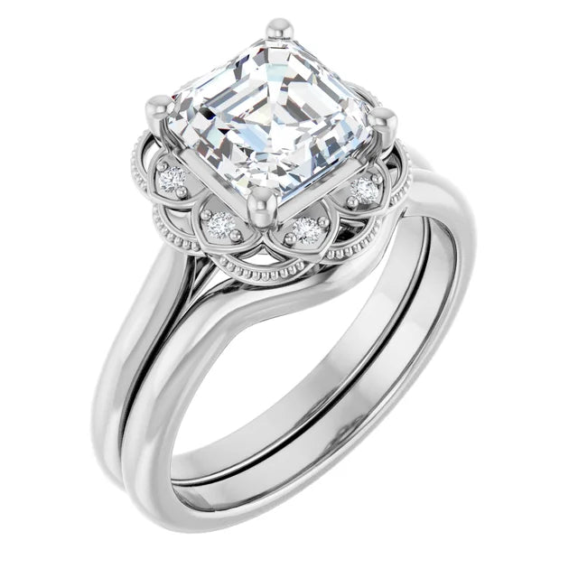 Asscher White Gold Antique Inspired Design Engagement Ring