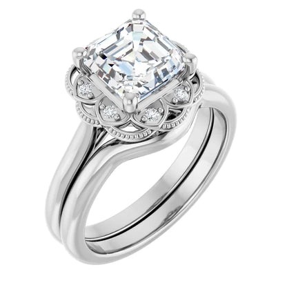 Asscher White Gold Antique Inspired Design Engagement Ring