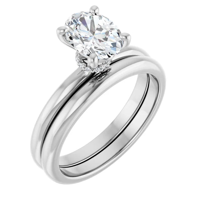 Oval Cut White Gold Low Hidden Halo Solitaire Engagement Ring