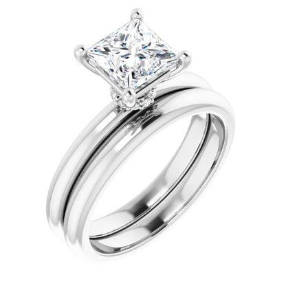 Princess Cut White Gold Low Hidden Halo Solitaire Engagement Ring