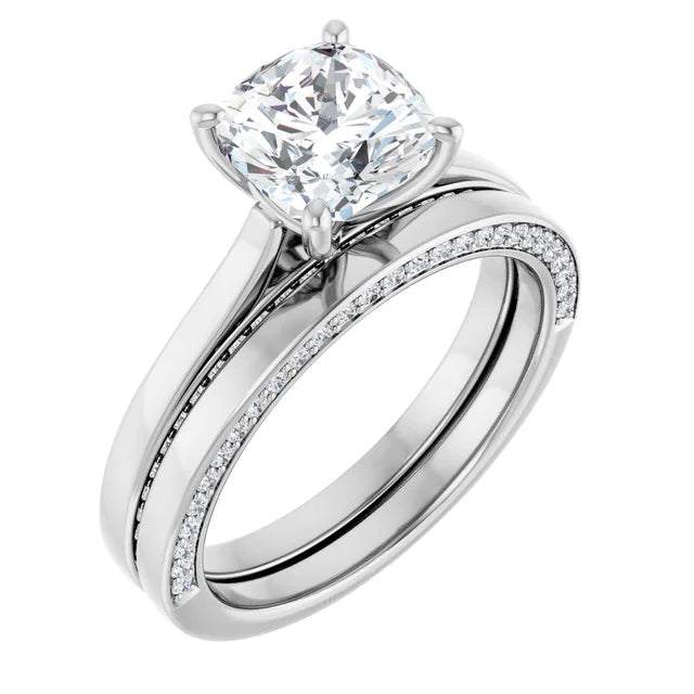Cushion White Gold Solitaire & Hidden Diamond Band Engagement Ring