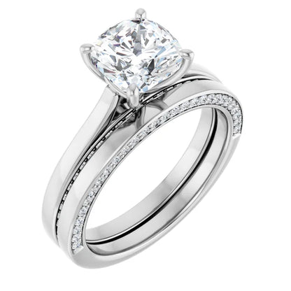 Cushion White Gold Solitaire & Hidden Diamond Band Engagement Ring