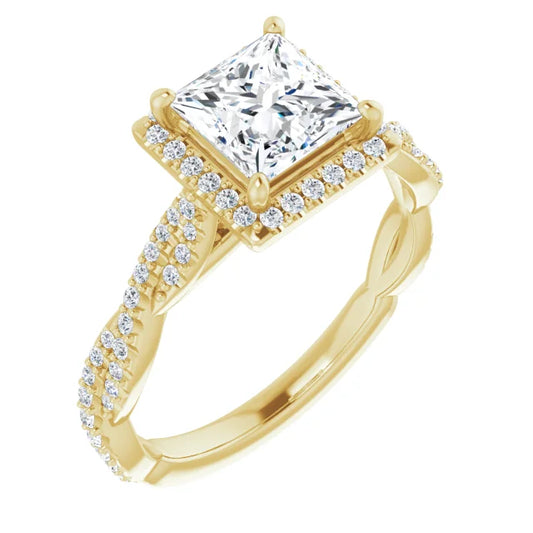 Princess Yellow Gold Halo Twist Pave Moissanite Engagement Ring 