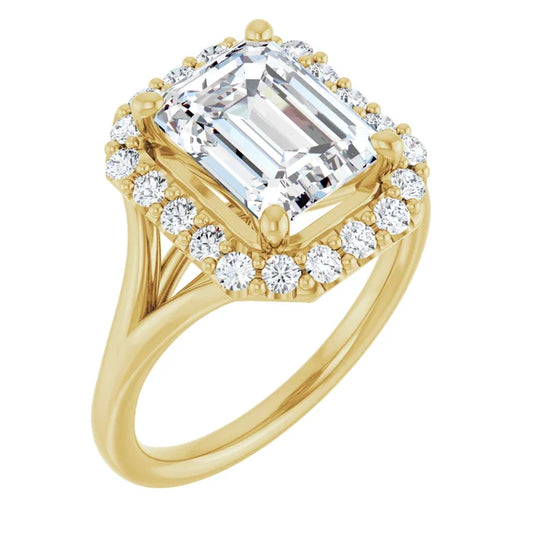 Emerald Yellow Gold Halo Solitaire Split Band Lab Diamond Engagement Ring 