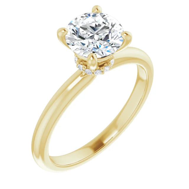 Round Brilliant Cut Yellow Gold Low Hidden Halo Solitaire Engagement Ring