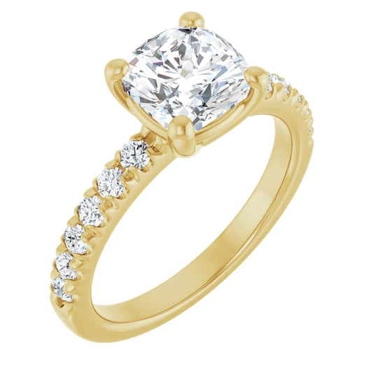 Cushion Four Claw Pave Yellow Gold Engagement Ring 