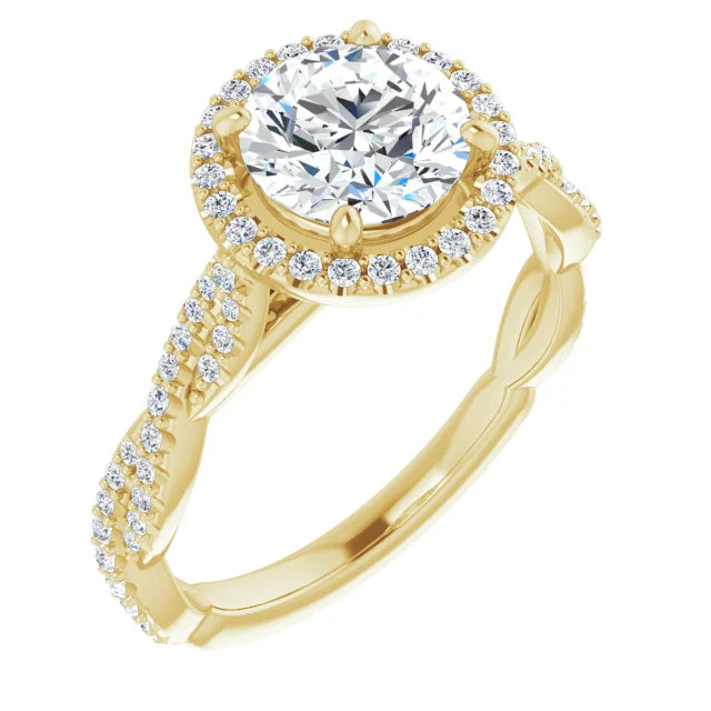 Round Brilliant Yellow Gold Halo Twist Pave Moissanite Engagement Ring 