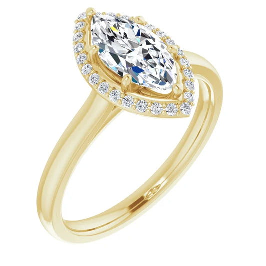 Marquise Halo Solitaire Lab Diamond Engagement Ring Yellow Gold. 