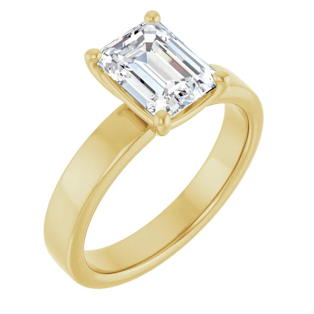 Emerald Yellow Gold Wide Band Solitaire Engagement Ring