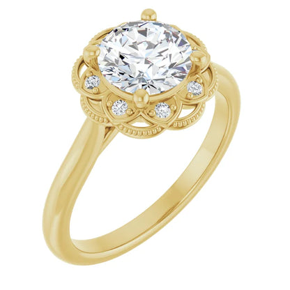 Round Brilliant Yellow Gold Antique Inspired Design Engagement Ring