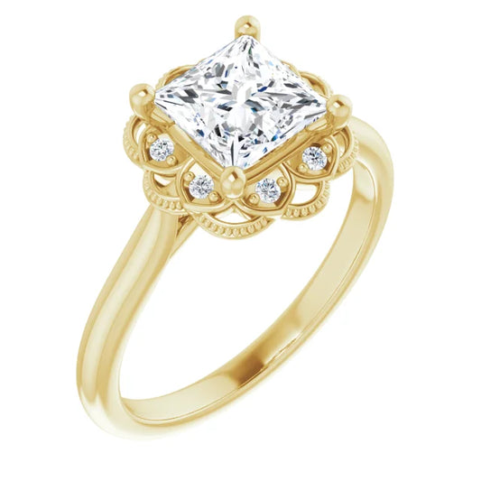 Princess Yellow Gold Antique Inspired Design Engagement Ring