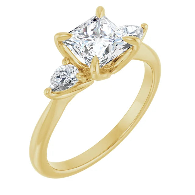 Princess Yellow Gold Tri -Stone Style Pear Accent Engagement Ring
