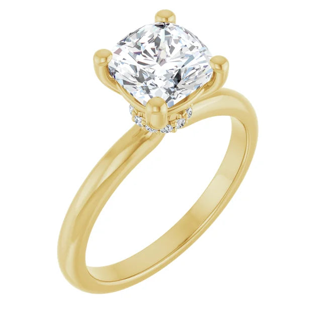 Cushion Cut Yellow Gold Low Hidden Halo Solitaire Engagement Ring