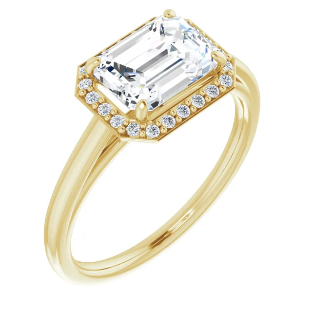 Emerald Yellow Gold East West Halo Style Engagement Ring