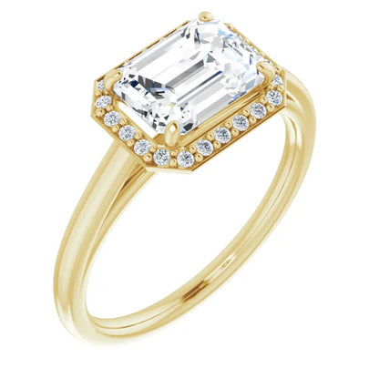 Emerald Yellow Gold East West Halo Style Engagement Ring