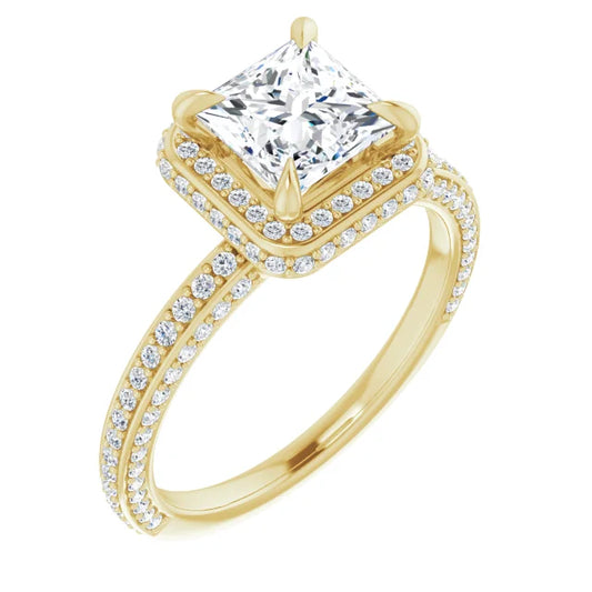 Princess Yellow Gold Halo Pave Style Lab Diamond Engagement Ring 
