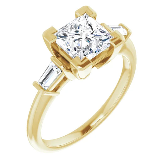 Princess Yellow Gold Baguette Accent Lab Diamond Engagement Ring