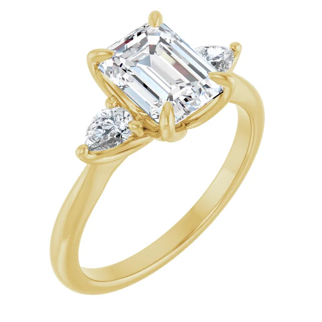 Emerald Yellow Gold Tri -Stone Style Pear Accent Engagement Ring