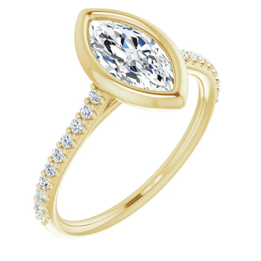 Marquise Yellow Gold Bezel Pave Lab Diamond Engagement Ring 