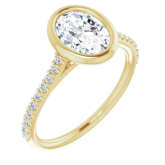 Oval Yellow Gold Bezel Pave Lab Diamond Engagement Ring 