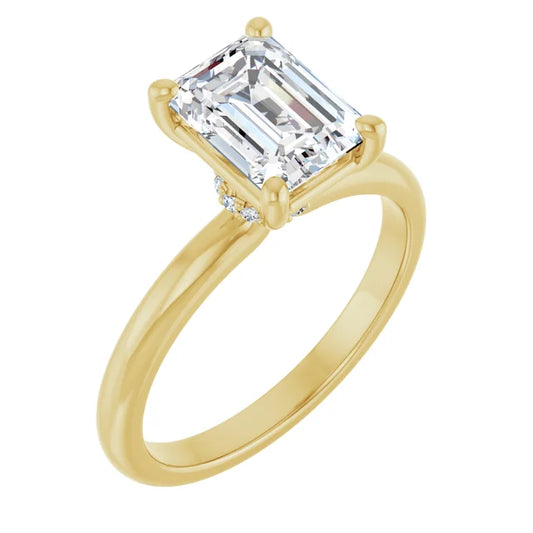 Emerald Cut Yellow Gold Low Hidden Halo Solitaire Engagement Ring