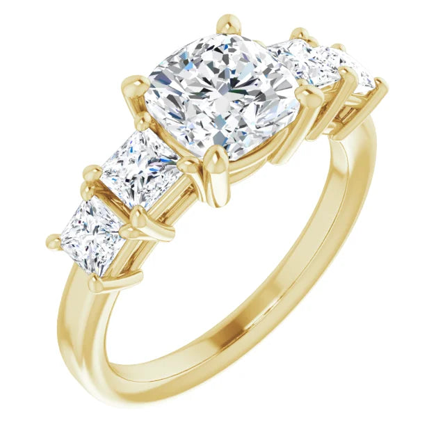 Cushion Yellow Gold Multi Stone Accent Style Engagement Ring