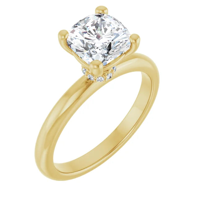 Cushion Cut Yellow Gold Low Hidden Halo Solitaire Engagement Ring
