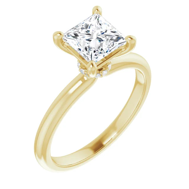 Princess Cut Yellow Gold Low Hidden Halo Solitaire Engagement Ring