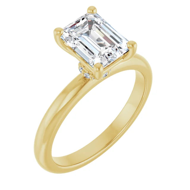 Emerald Cut Yellow Gold Low Hidden Halo Solitaire Engagement Ring