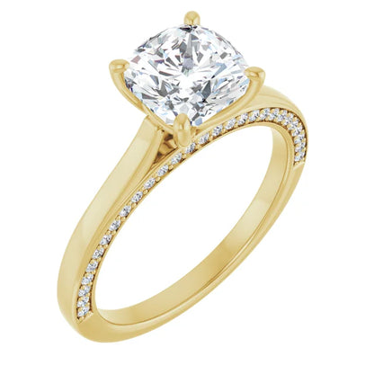 Cushion Yellow Gold Solitaire & Hidden Diamond Band Engagement Ring