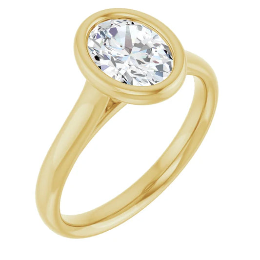 Oval Yellow Gold Bezel Solitaire Lab Diamond Engagement Ring 