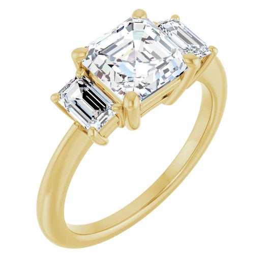 Asscher Yellow Gold Tri Stone Lab Diamond Engagement Ring