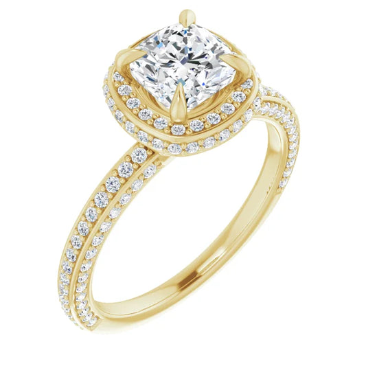 Cushion Yellow Gold Halo Pave Style Lab Diamond Engagement Ring 