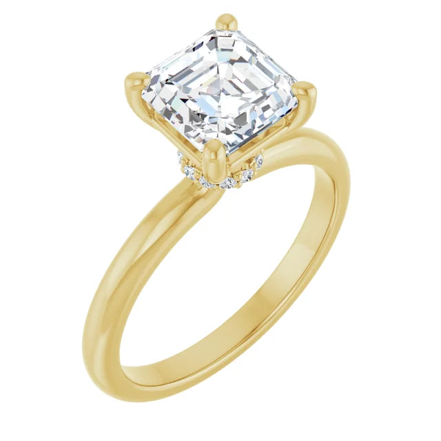 Asscher Cut Yellow Gold Low Hidden Halo Solitaire Engagement Ring