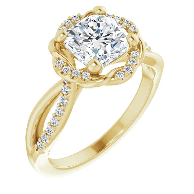 Cushion Yellow Gold Antique Inspired Design Engagement Ring
