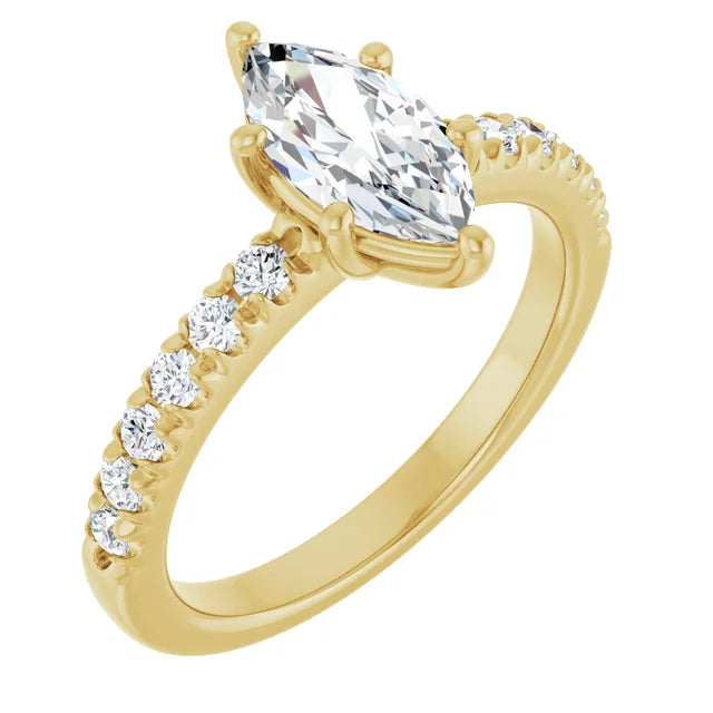 Marquise Six Claw Pave Yellow Gold Engagement Ring 