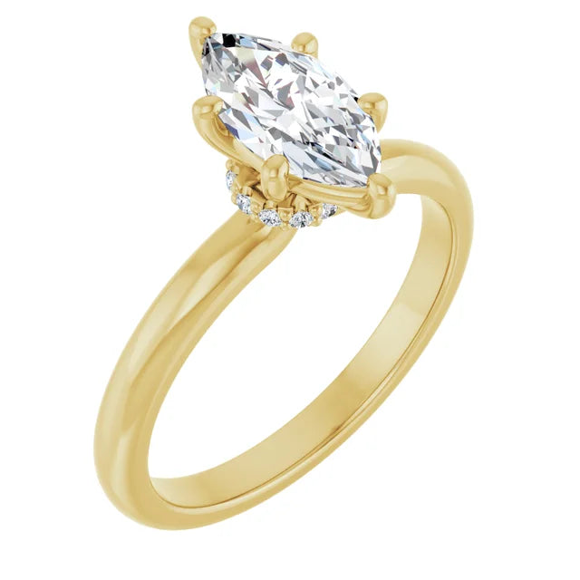 Marquise Cut Yellow Gold Low Hidden Halo Solitaire Engagement Ring