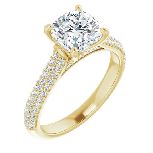 Cushion Yellow Gold Pave Lab Diamond Engagement Ring 