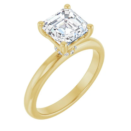 Asscher Cut Yellow Gold Low Hidden Halo Solitaire Engagement Ring