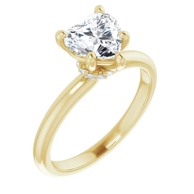 Heart Cut Yellow Gold Low Hidden Halo Solitaire Engagement Ring