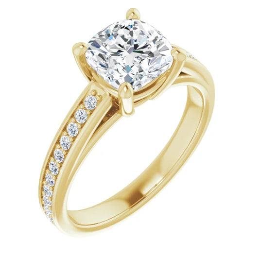 Cushion Yellow Gold Claw Set Style Lab Diamond Engagement Ring