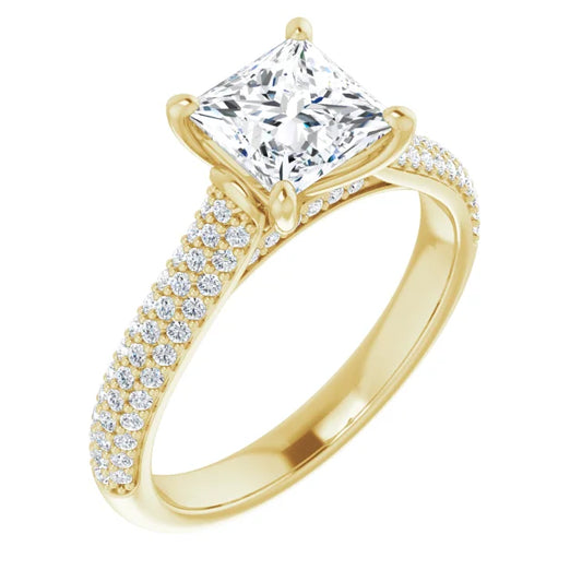 Princess Yellow Gold Pave Lab Diamond Engagement Ring 