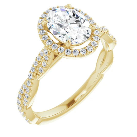Oval Yellow Gold Halo Twist Pave Moissanite Engagement Ring 
