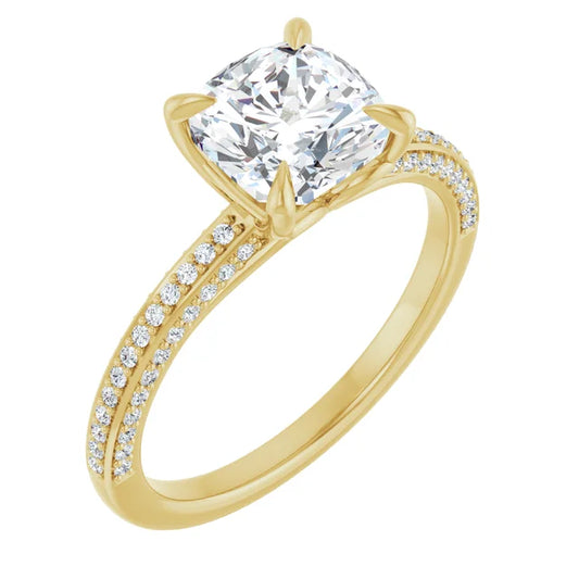 Cushion Yellow Gold Pave Lab Diamond Engagement Ring 