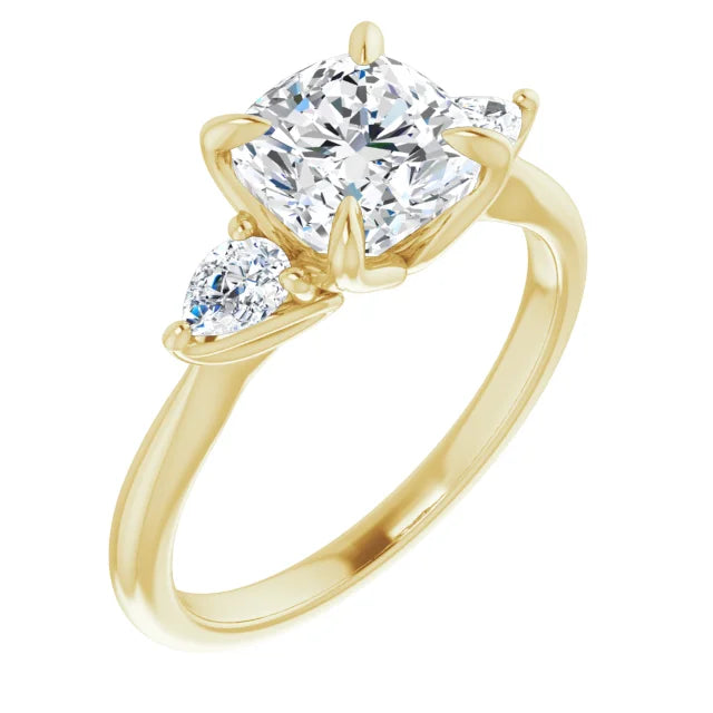 Cushion Yellow Gold Tri -Stone Style Pear Accent Engagement Ring