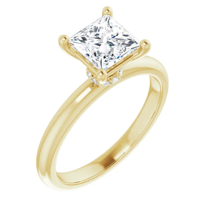 Princess Cut Yellow Gold Low Hidden Halo Solitaire Engagement Ring